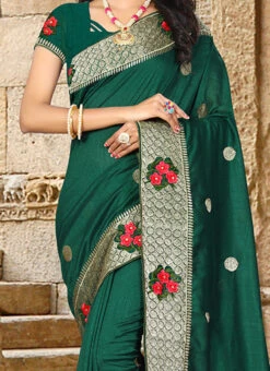 Dark Green Embroidered Saree After Six Wear