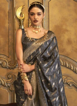 Dark Grey Silk Zari Work Saree Festive Wear 9 Dark Grey Silk Zari Work Saree Festive Wear -Sari Grace Shop dark grey silk zari work saree samkns10787006 b