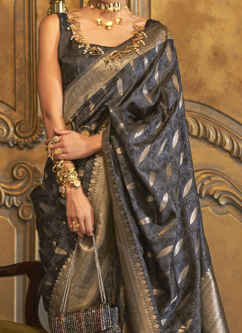 Dark Grey Silk Zari Work Saree Festive Wear 3 Dark Grey Silk Zari Work Saree Festive Wear