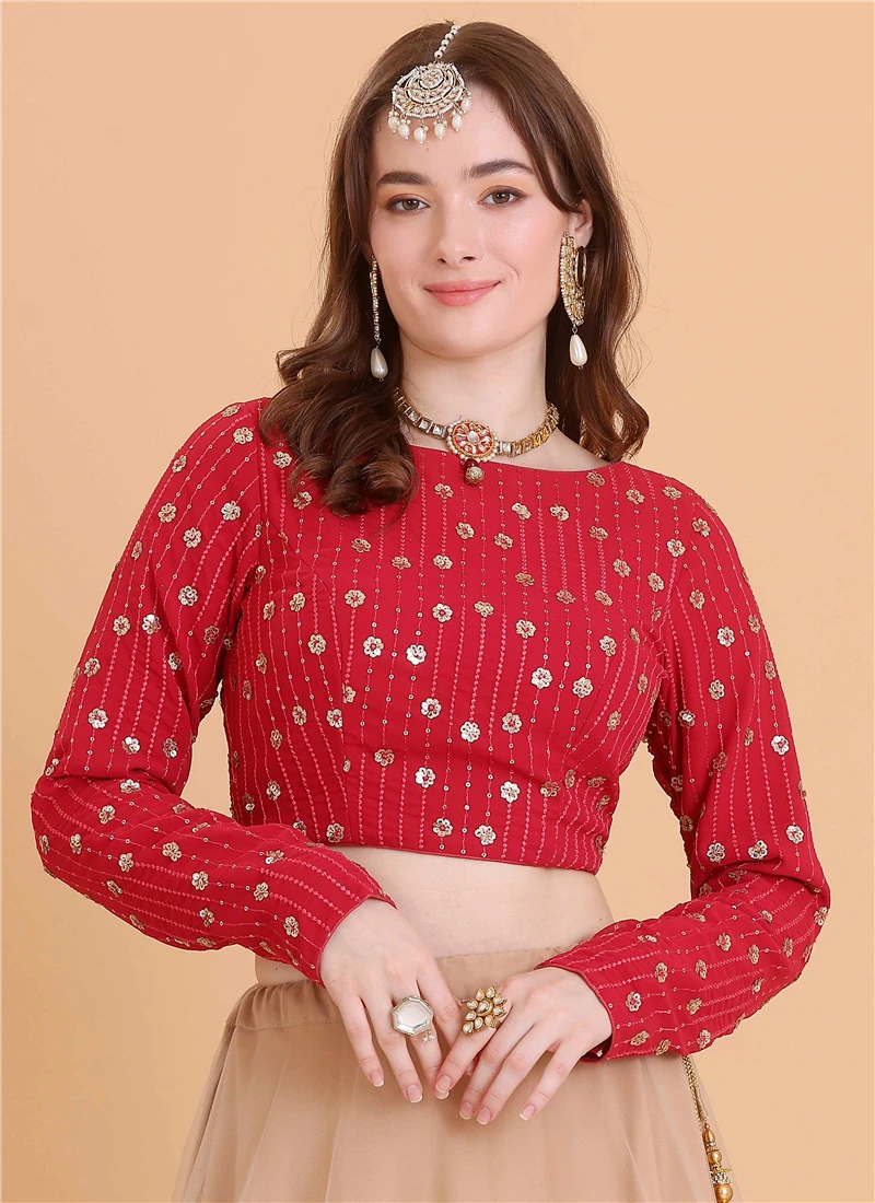 Dark Pink Georgette Sequins Embroidered Blouse Festive Wear 5 Dark Pink Georgette Sequins Embroidered Blouse Festive Wear - Image 3