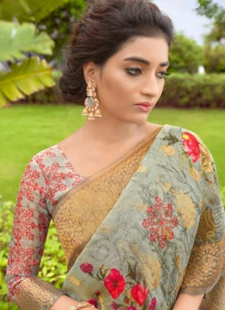 Dusty Green Silk Paint Print Work Saree Festive Wear -Sari Grace Shop dusty green silk paint print work saree samkns10232454 b