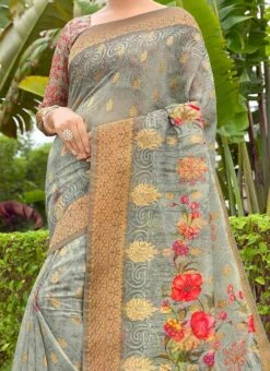 Dusty Green Silk Paint Print Work Saree Festive Wear