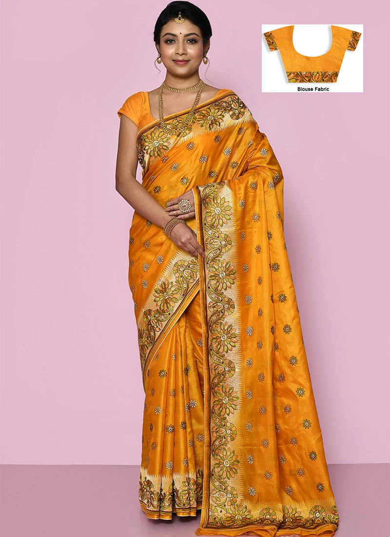Embroidered Mustard Color Pure Banarasi Silk Saree Wedding Wear 5 Embroidered Mustard Color Pure Banarasi Silk Saree Wedding Wear - Image 3