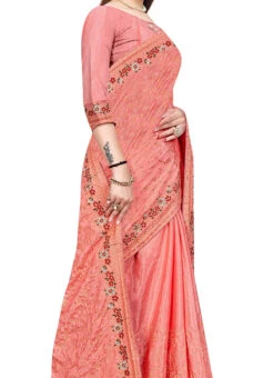 Embroidery And Stone Work Peach Color Chinon Saree Festive Wear