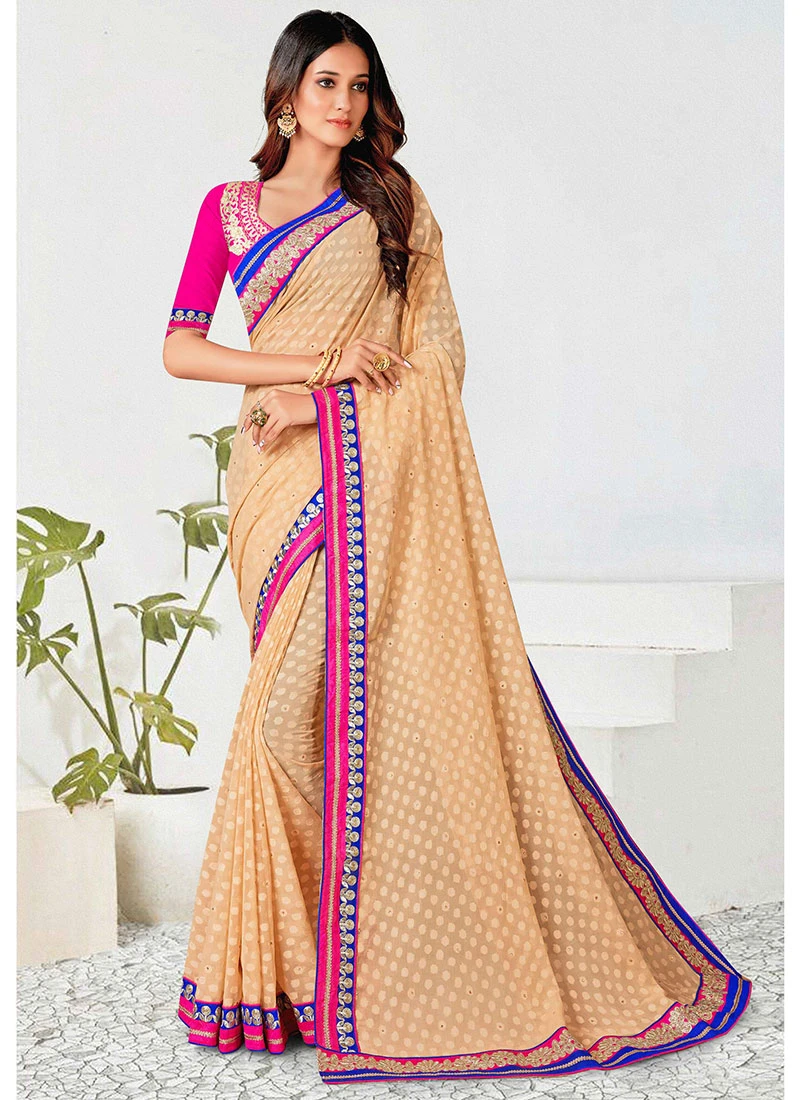 Embroidery Work Peach Color Georgette Saree Party Wear 5 Embroidery Work Peach Color Georgette Saree Party Wear - Image 3
