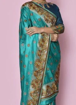 Fabricated With Pure Banarasi Silk Embroidered Sea Blue Color Saree Wedding Wear