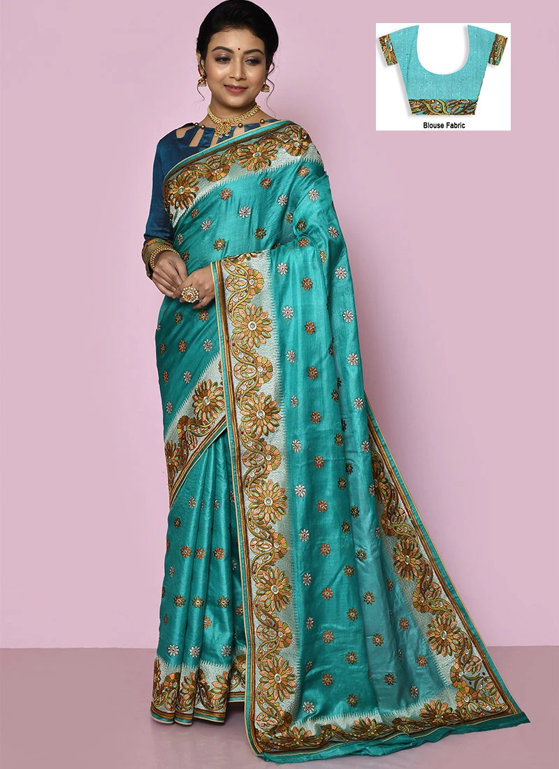 Fabricated With Pure Banarasi Silk Embroidered Sea Blue Color Saree Wedding Wear 5 Fabricated With Pure Banarasi Silk Embroidered Sea Blue Color Saree Wedding Wear - Image 3