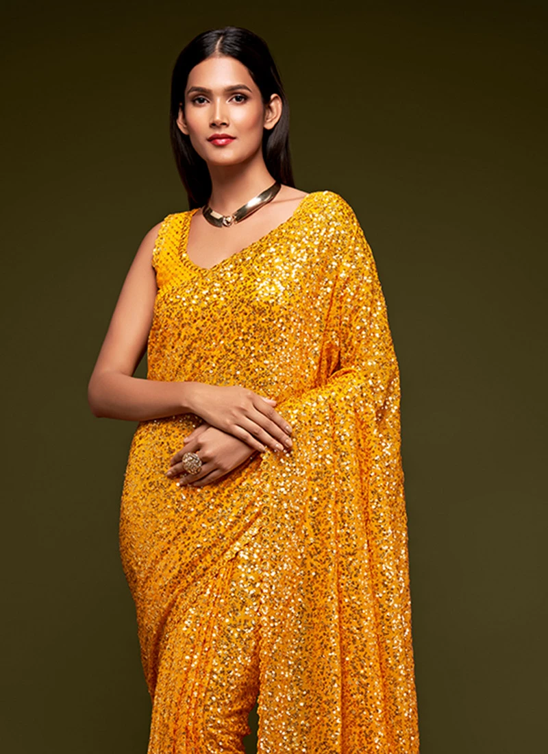 Fire Yellow Georgette Sequins Saree Party Wear 6 Fire Yellow Georgette Sequins Saree Party Wear - Image 4