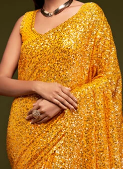 Fire Yellow Georgette Sequins Saree Party Wear