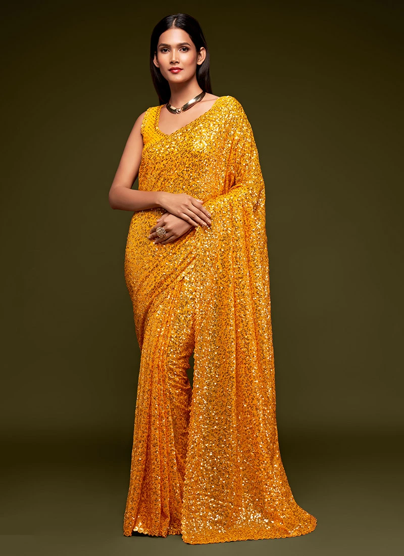Fire Yellow Georgette Sequins Saree Party Wear 5 Fire Yellow Georgette Sequins Saree Party Wear - Image 3