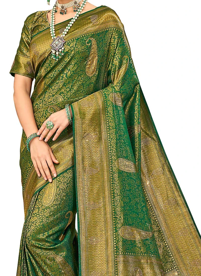 Forest Green Benarasi Silk Brocade Saree Festive Wear 3 Forest Green Benarasi Silk Brocade Saree Festive Wear