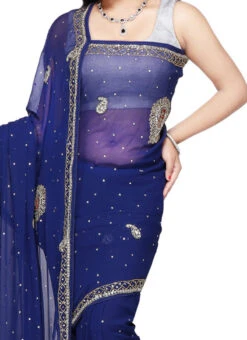 Georgette Navy Blue Crystals Embellished Saree Wedding Wear