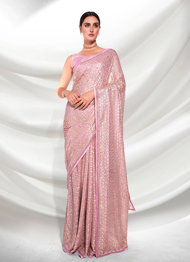 Georgette Pink Color Embroidery Sequins Saree Party Wear 5 Georgette Pink Color Embroidery Sequins Saree Party Wear - Image 3