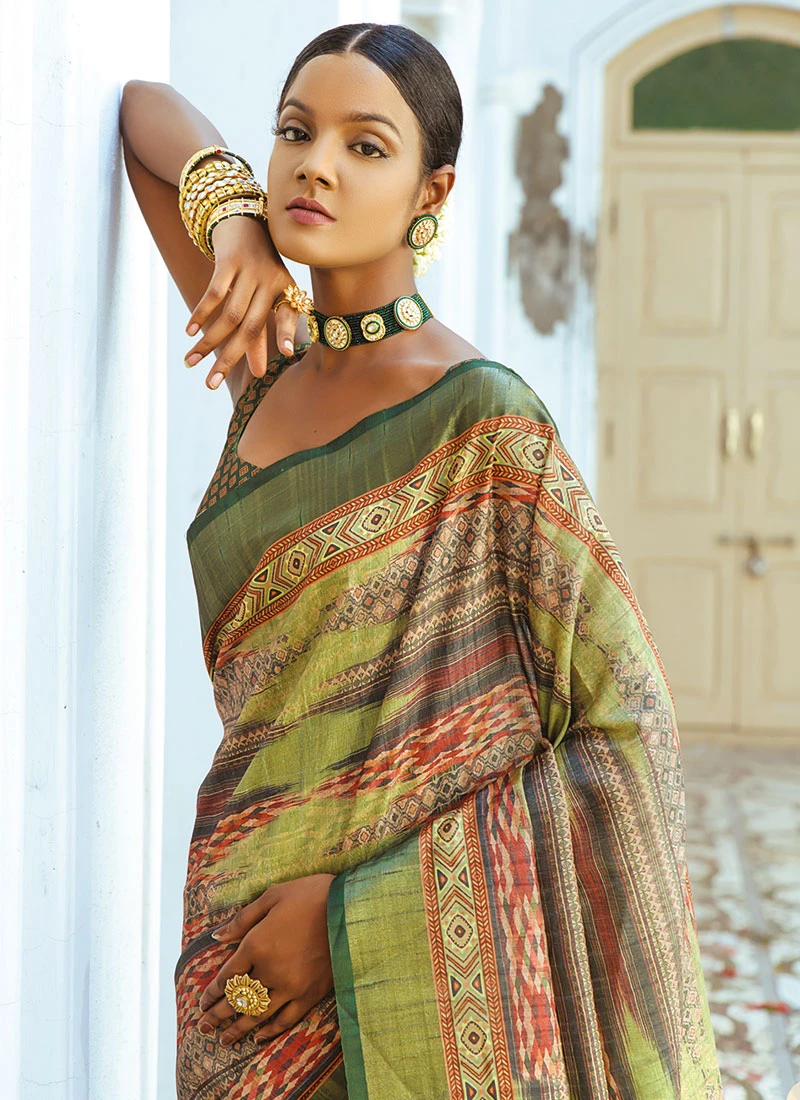 Green Art Silk Printed Saree After Six Wear 6 Green Art Silk Printed Saree After Six Wear - Image 4