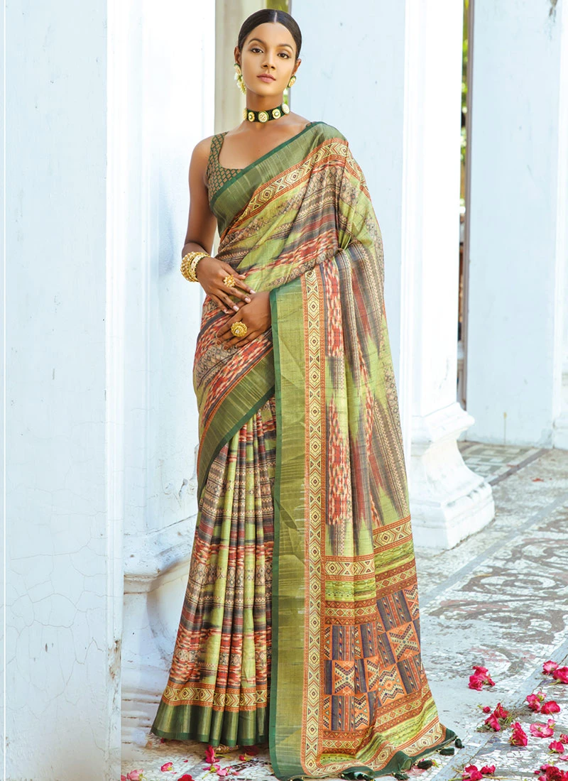 Green Art Silk Printed Saree After Six Wear 5 Green Art Silk Printed Saree After Six Wear - Image 3