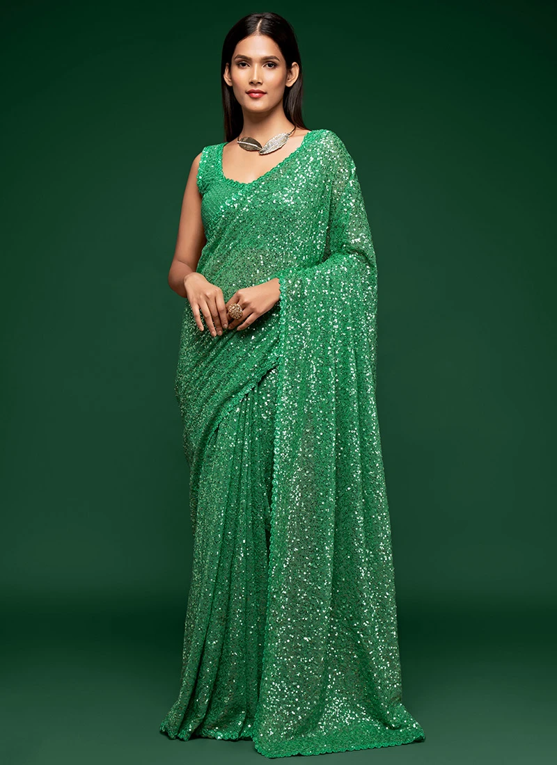 Green Color Embroidery Sequins Work Georgette Saree Festive Wear 5 Green Color Embroidery Sequins Work Georgette Saree Festive Wear - Image 3