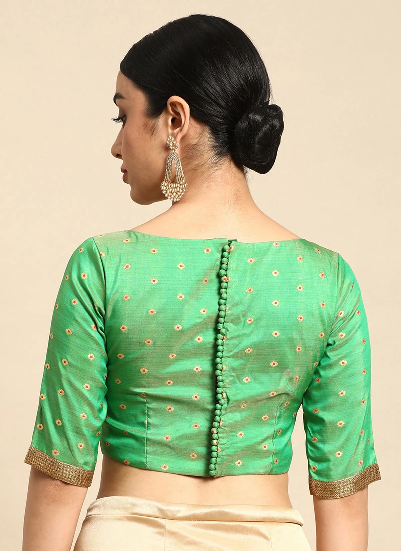 Green Jacquard Boat Neck Blouse Festive Wear 6 Green Jacquard Boat Neck Blouse Festive Wear - Image 4