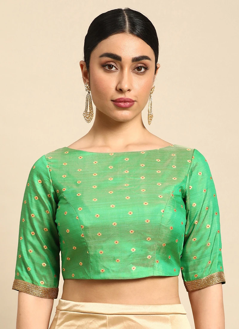 Green Jacquard Boat Neck Blouse Festive Wear 5 Green Jacquard Boat Neck Blouse Festive Wear - Image 3