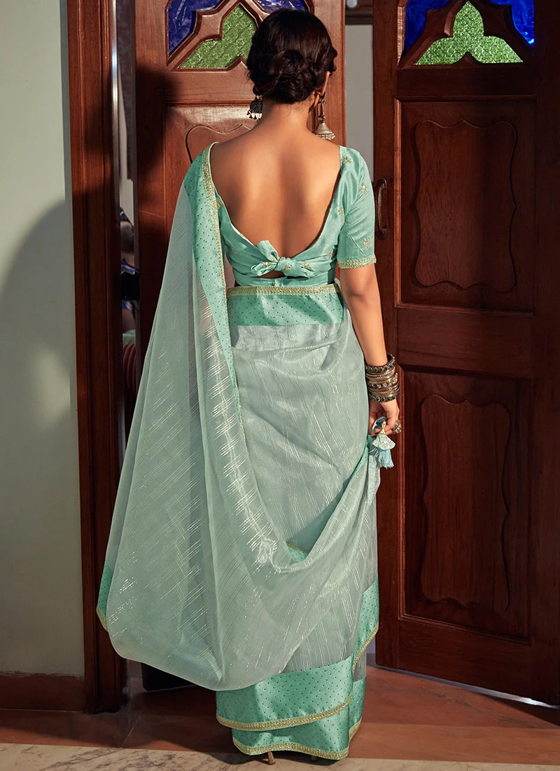 Green Organza Woven Work Saree Festive Wear 6 Green Organza Woven Work Saree Festive Wear - Image 4