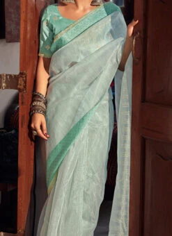 Green Organza Woven Work Saree Festive Wear