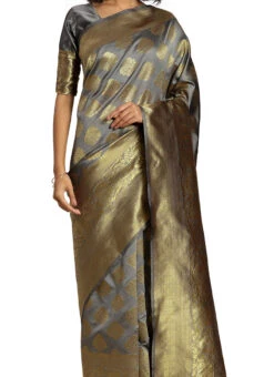Grey Banarasi Silk Zari Work Saree Festive Wear