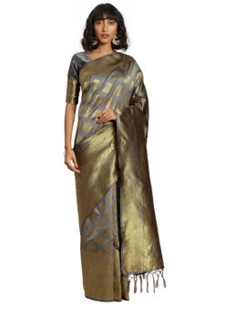 Grey Banarasi Silk Zari Work Saree Festive Wear -Sari Grace Shop grey banarasi silk zari work saree sasstsktcmp1l8041k u