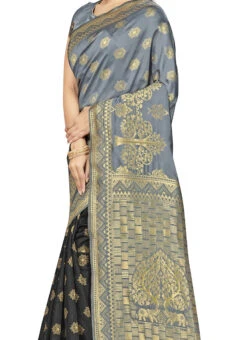 Grey N Black Color Woven Work Banarasi Silk Saree Festive Wear