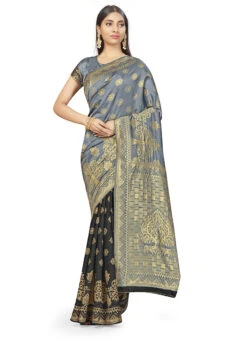 Grey N Black Color Woven Work Banarasi Silk Saree Festive Wear -Sari Grace Shop grey n black color woven work banarasi silk saree sasstsktww8560b u