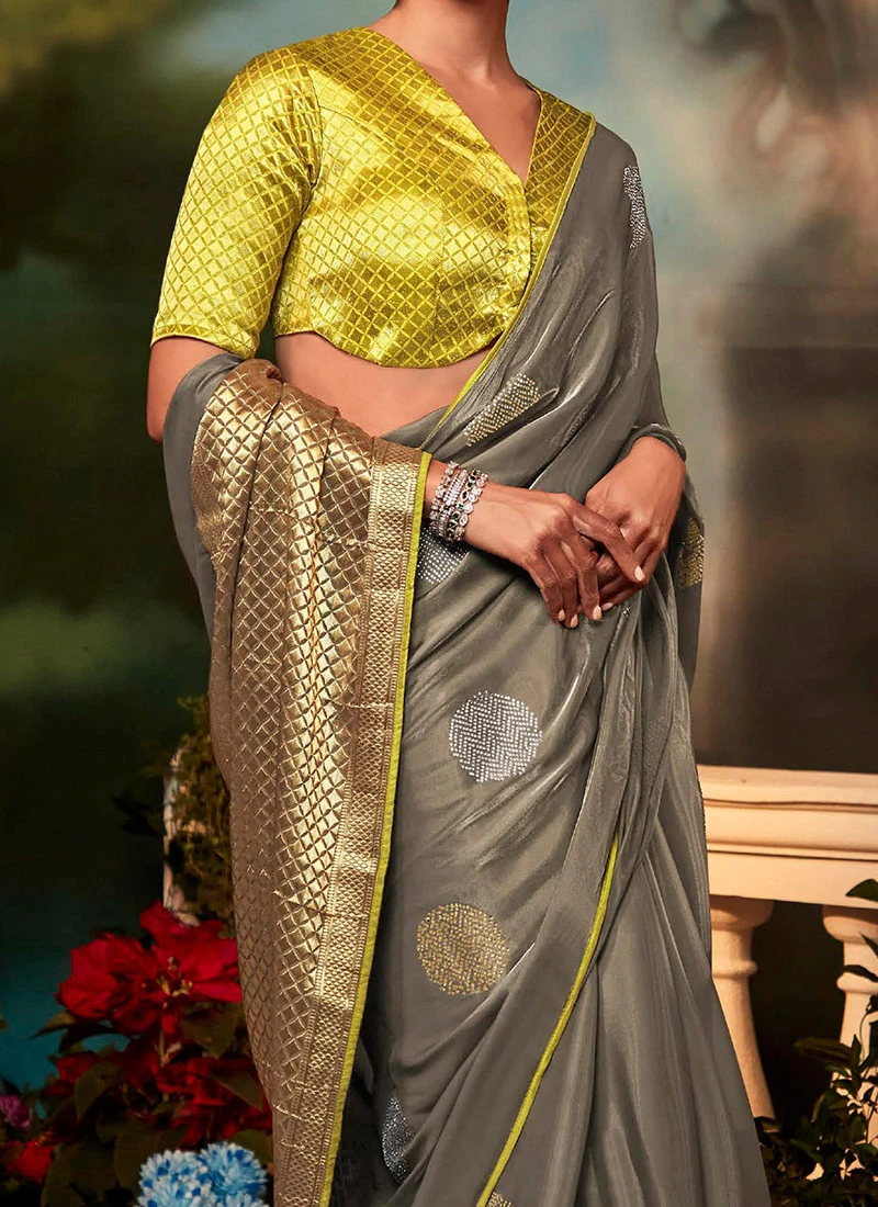 Grey Silk Sequins Work Saree Festive Wear 3 Grey Silk Sequins Work Saree Festive Wear