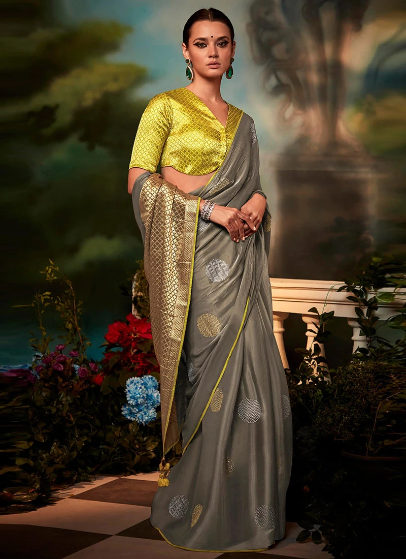 Grey Silk Sequins Work Saree Festive Wear 5 Grey Silk Sequins Work Saree Festive Wear - Image 3