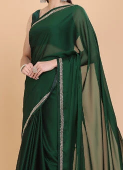 Hand Work Beads Work Dark Green Color Chiffon Saree Party Wear