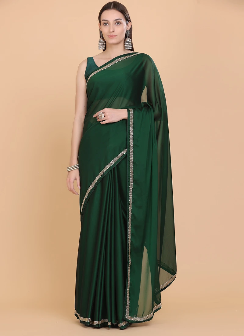 Hand Work Beads Work Dark Green Color Chiffon Saree Party Wear 5 Hand Work Beads Work Dark Green Color Chiffon Saree Party Wear - Image 3