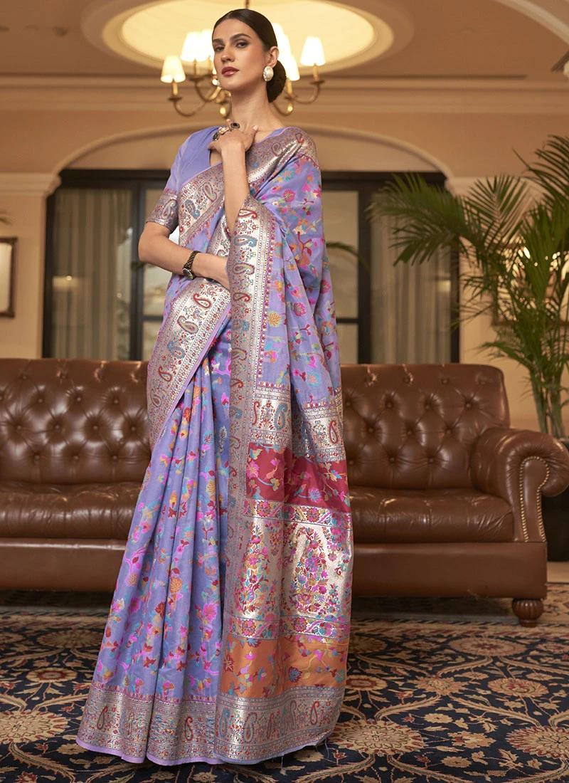 Lavender Banarasi Silk Printed Saree Party Wear 5 Lavender Banarasi Silk Printed Saree Party Wear - Image 3