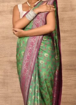 Light Neon Banarasi Katan Silk Zari Weaving Saree Festive Wear