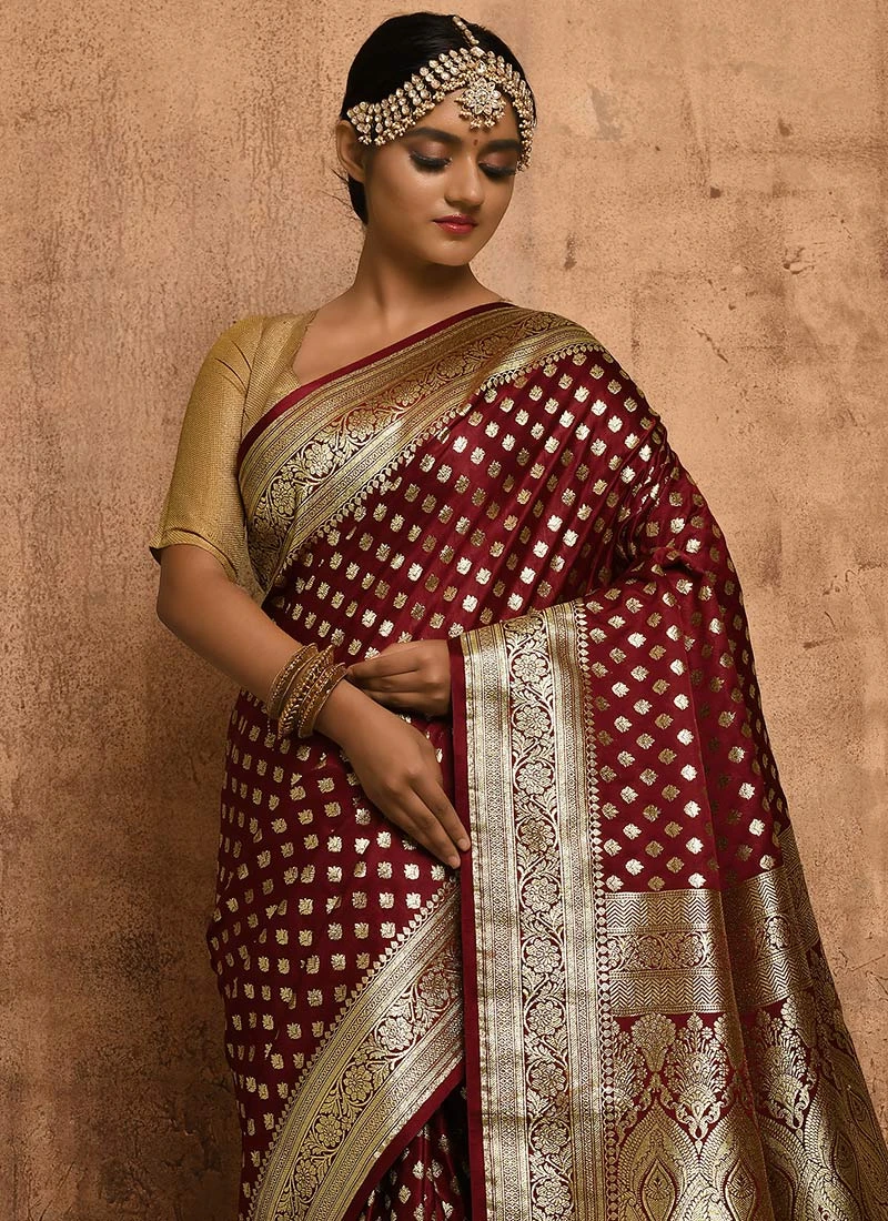 Maroon Banarasi Satin Zari Work Saree Festive Wear 6 Maroon Banarasi Satin Zari Work Saree Festive Wear - Image 4