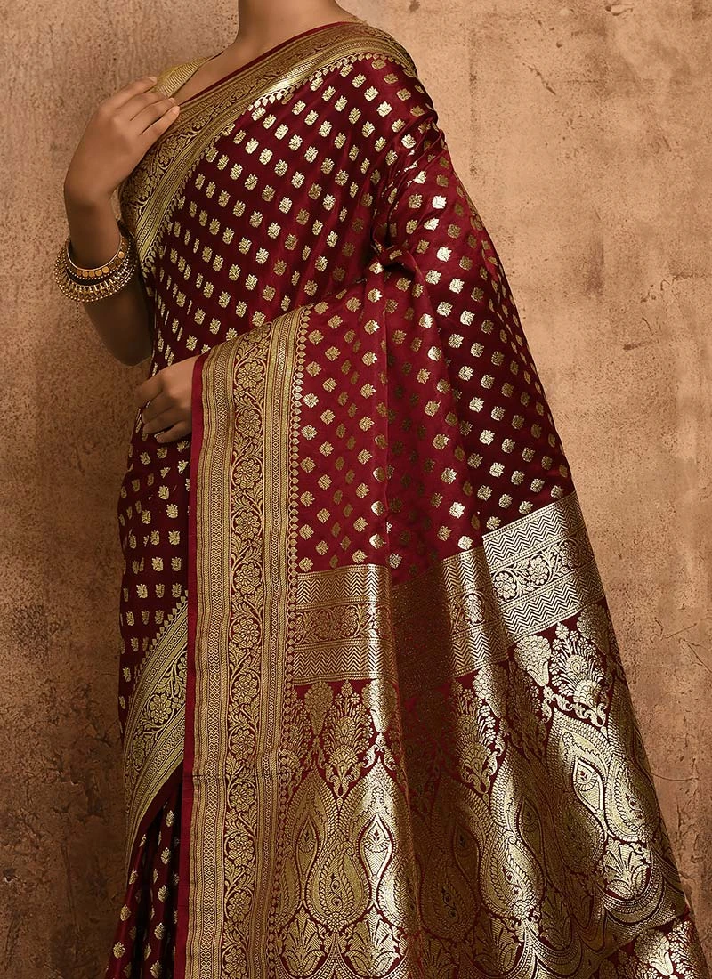 Maroon Banarasi Satin Zari Work Saree Festive Wear 3 Maroon Banarasi Satin Zari Work Saree Festive Wear