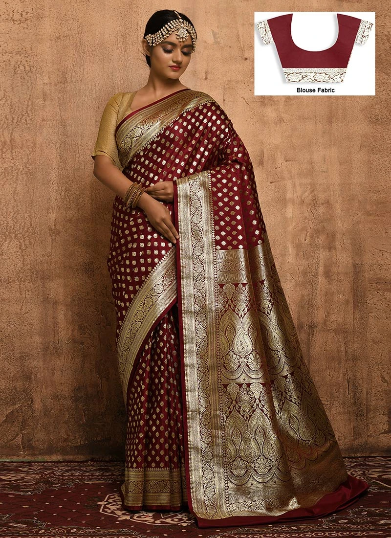 Maroon Banarasi Satin Zari Work Saree Festive Wear 5 Maroon Banarasi Satin Zari Work Saree Festive Wear - Image 3