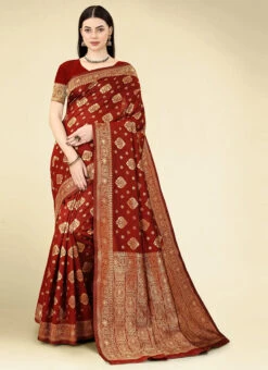 Maroon Banarasi Silk Woven Work Saree Festive Wear -Sari Grace Shop maroon banarasi silk woven work saree sasacw5781 u