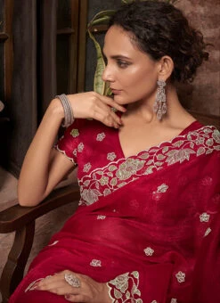 Maroon Faux Chiffon Embroidered Saree Party Wear -Sari Grace Shop maroon faux chiffon embroidered saree sasacw9907 b