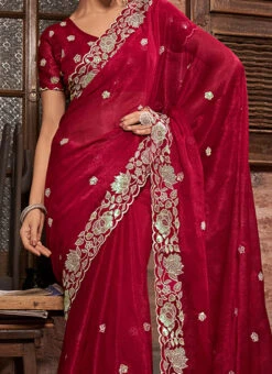Maroon Faux Chiffon Embroidered Saree Party Wear