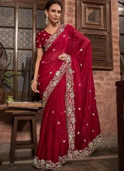 Maroon Faux Chiffon Embroidered Saree Party Wear -Sari Grace Shop maroon faux chiffon embroidered saree sasacw9907 u