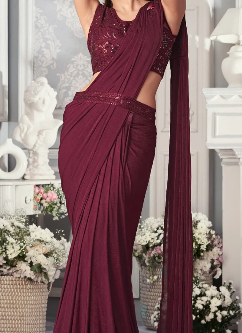 Maroon Lycra Embroidered Saree Party Wear 3 Maroon Lycra Embroidered Saree Party Wear