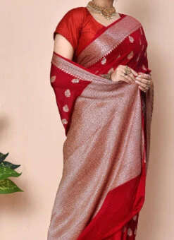 Maroon Pure Chiffon Georgette Zari Work Saree Festive Wear