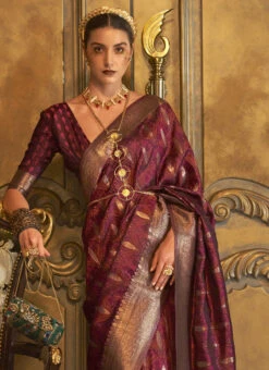 Maroon Silk Zari Work Saree Festive Wear -Sari Grace Shop maroon silk zari work saree samkns10787001 b