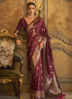 Maroon Silk Zari Work Saree Festive Wear -Sari Grace Shop maroon silk zari work saree samkns10787001 u