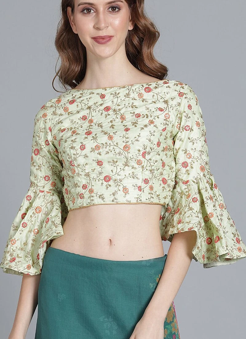 Mint Green Embroidered Art Silk Blouse Festive Wear 5 Mint Green Embroidered Art Silk Blouse Festive Wear - Image 3