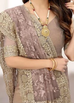 Mouse Grey Net Embroidered And Stones Designer Saree Festive Wear