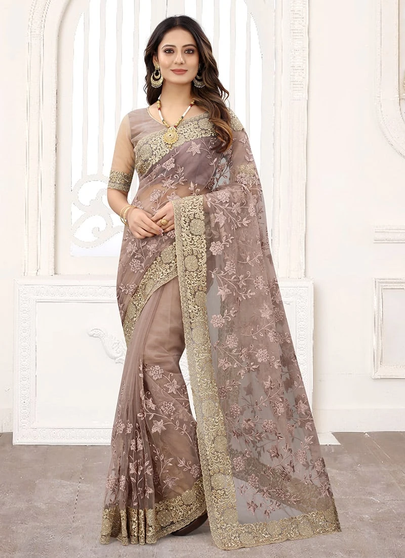 Mouse Grey Net Embroidered And Stones Designer Saree Festive Wear 5 Mouse Grey Net Embroidered And Stones Designer Saree Festive Wear - Image 3