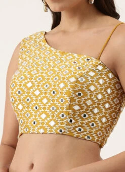 Mustard Raw Silk Embroidery One Shoulder Blouse Party Wear