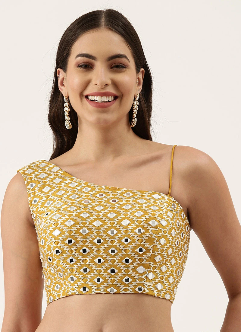 Mustard Raw Silk Embroidery One Shoulder Blouse Party Wear 5 Mustard Raw Silk Embroidery One Shoulder Blouse Party Wear - Image 3